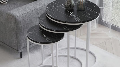 Tables d’appoint gigognes rondes Paris lot de 3 marbre noir structure métal blanc