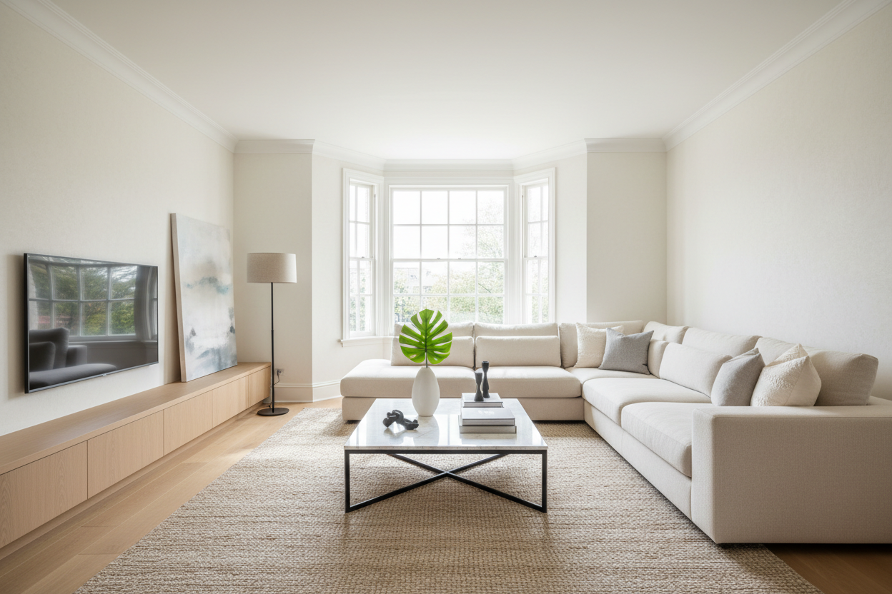 Salon moderne et lumineux, style contemporain, canapé clair, tapis beige, lumière naturelle venant d’une grande baie vitrée.
Au centre, une table basse design moderne en métal noir ou blanc avec plateau effet bois ou marbre.
Ambiance élégante, minimaliste, haut de gamme, décoration épurée, rendu réaliste, photo professionnelle, angle légèrement en perspective, qualité 4K, style catalogue mobilier.