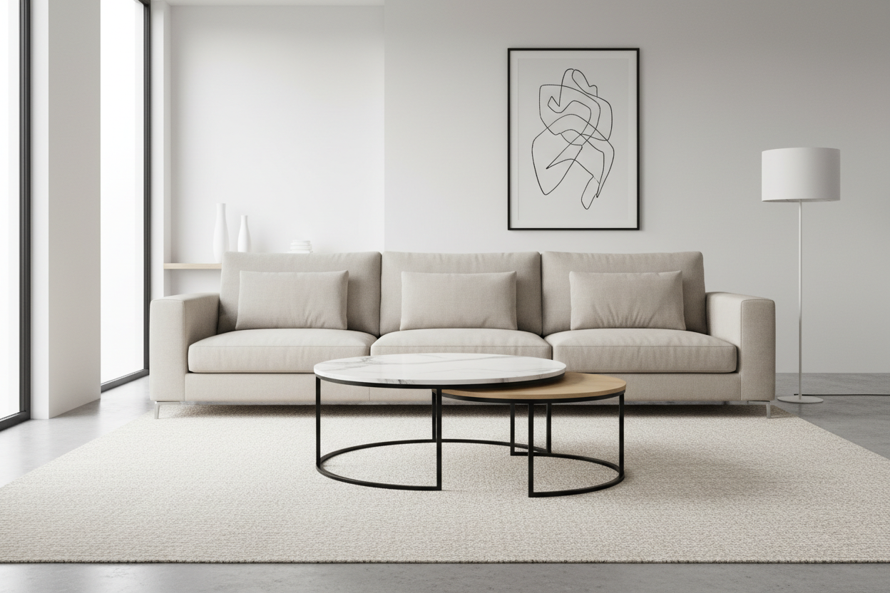 Salon moderne et épuré, lumière naturelle douce,
table basse gigogne design EMIDECO au centre,
plateau effet bois ou marbre, structure métal blanc ou noir,
décor minimal, canapé clair, tapis beige,
aucun objet coloré, style élégant et réaliste,
photo e-commerce haut de gamme, angle frontal,
focus sur le mobilier
