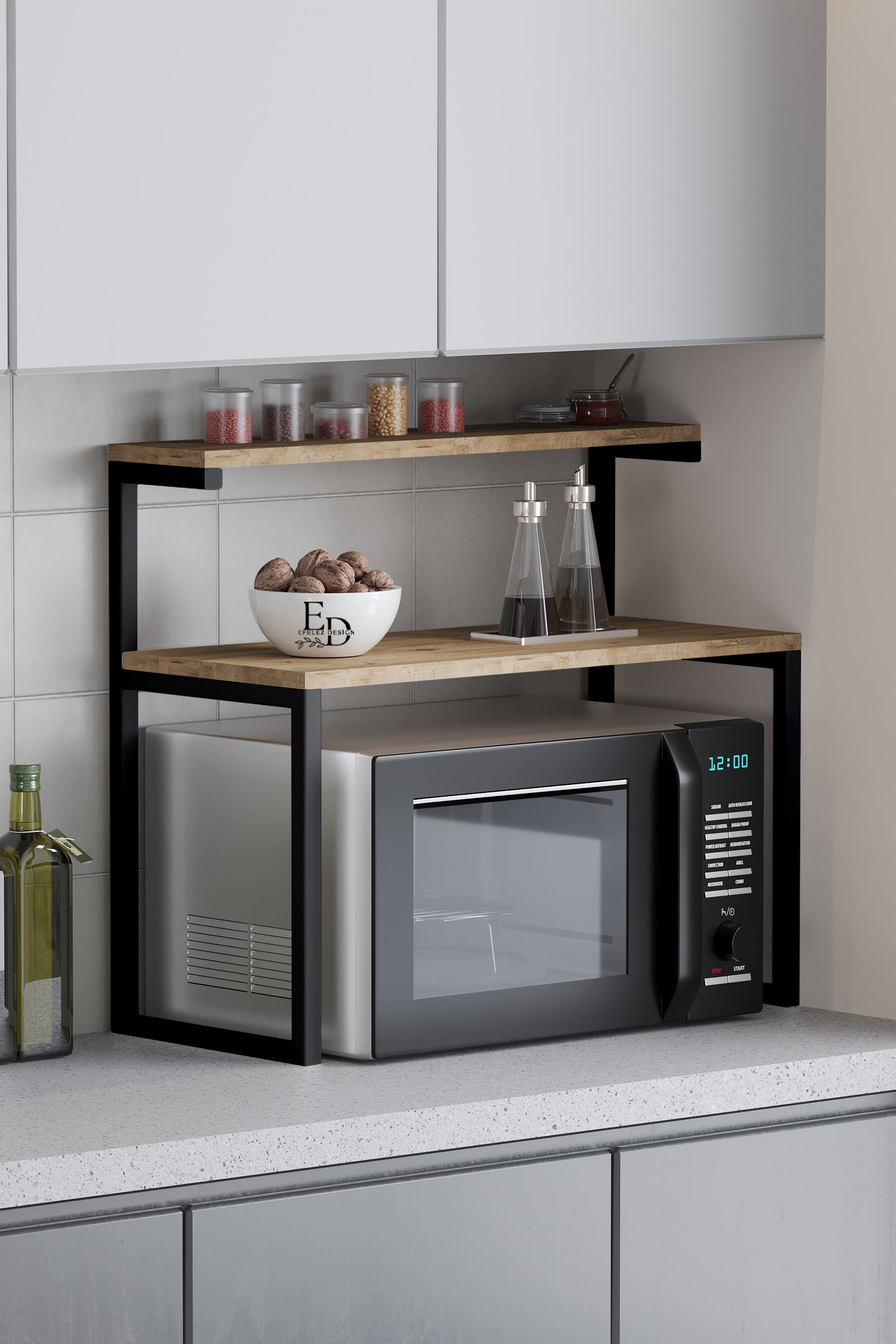 Étagère micro-ondes bois clair & métal noir – Design moderne – EMIDECO