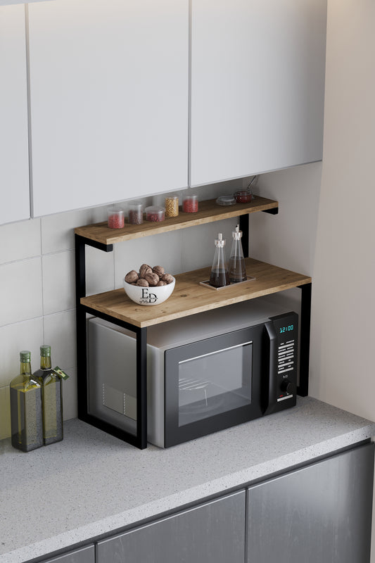 Étagère micro-ondes bois clair & métal noir – Design moderne – EMIDECO