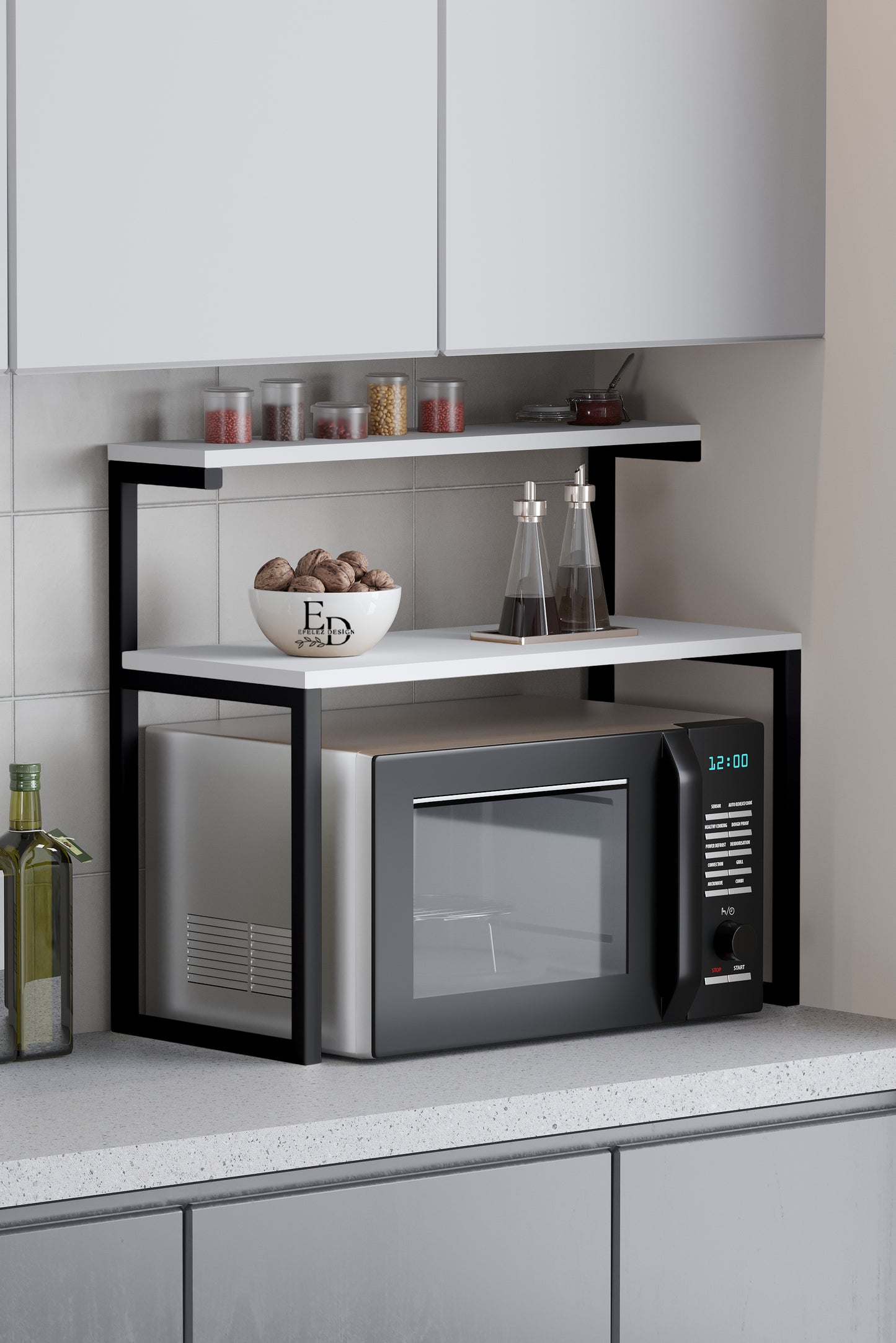 Étagère micro-ondes blanche & métal noir – Design épuré – EMIDECO