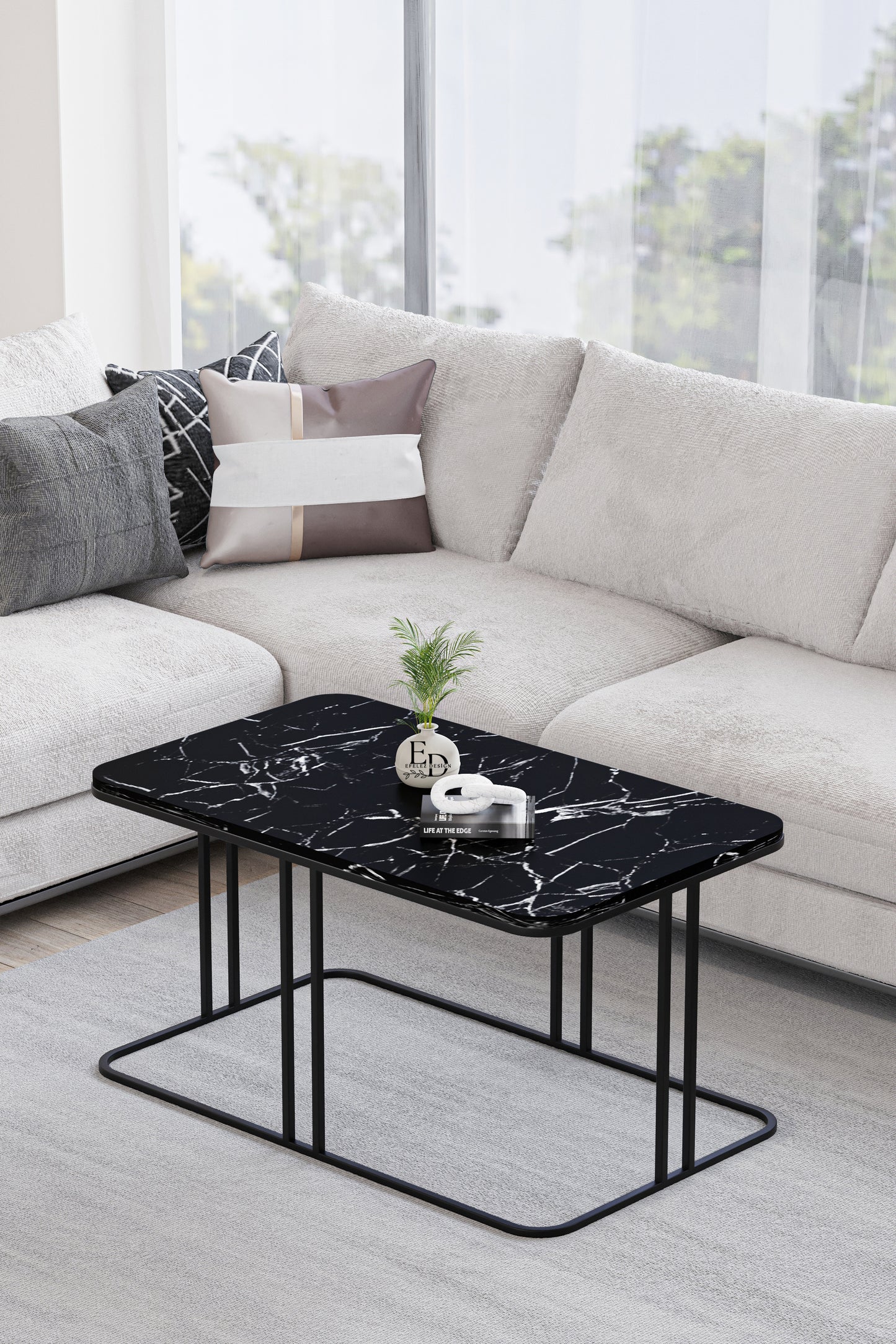 Table basse rectangulaire Lyon 100x60 cm – Marbre noir & structure noire – Design moderne