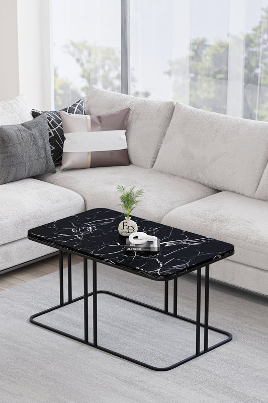 Table basse rectangulaire Lyon 100x60 cm – Marbre noir & structure noire – Design moderne