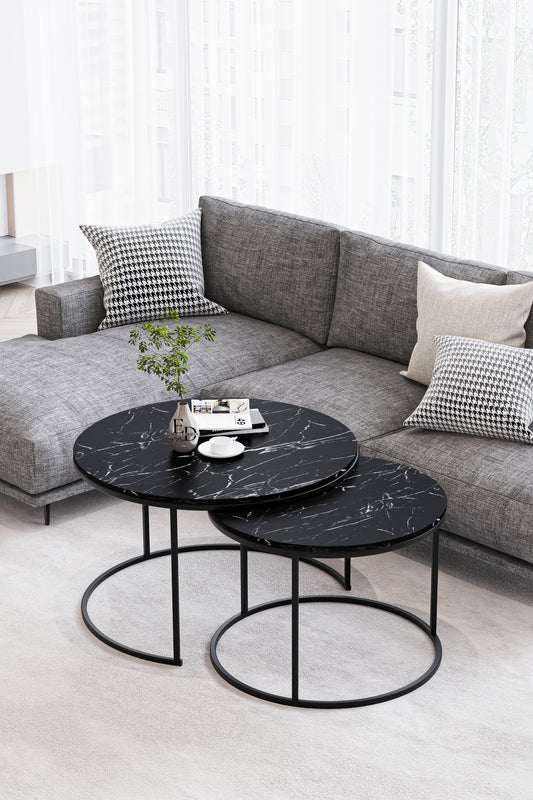 Table basse ronde Paris (lot de 2) – plateau bois clair – structure noire – design contemporain – 75 et 60 cm – métal et bois