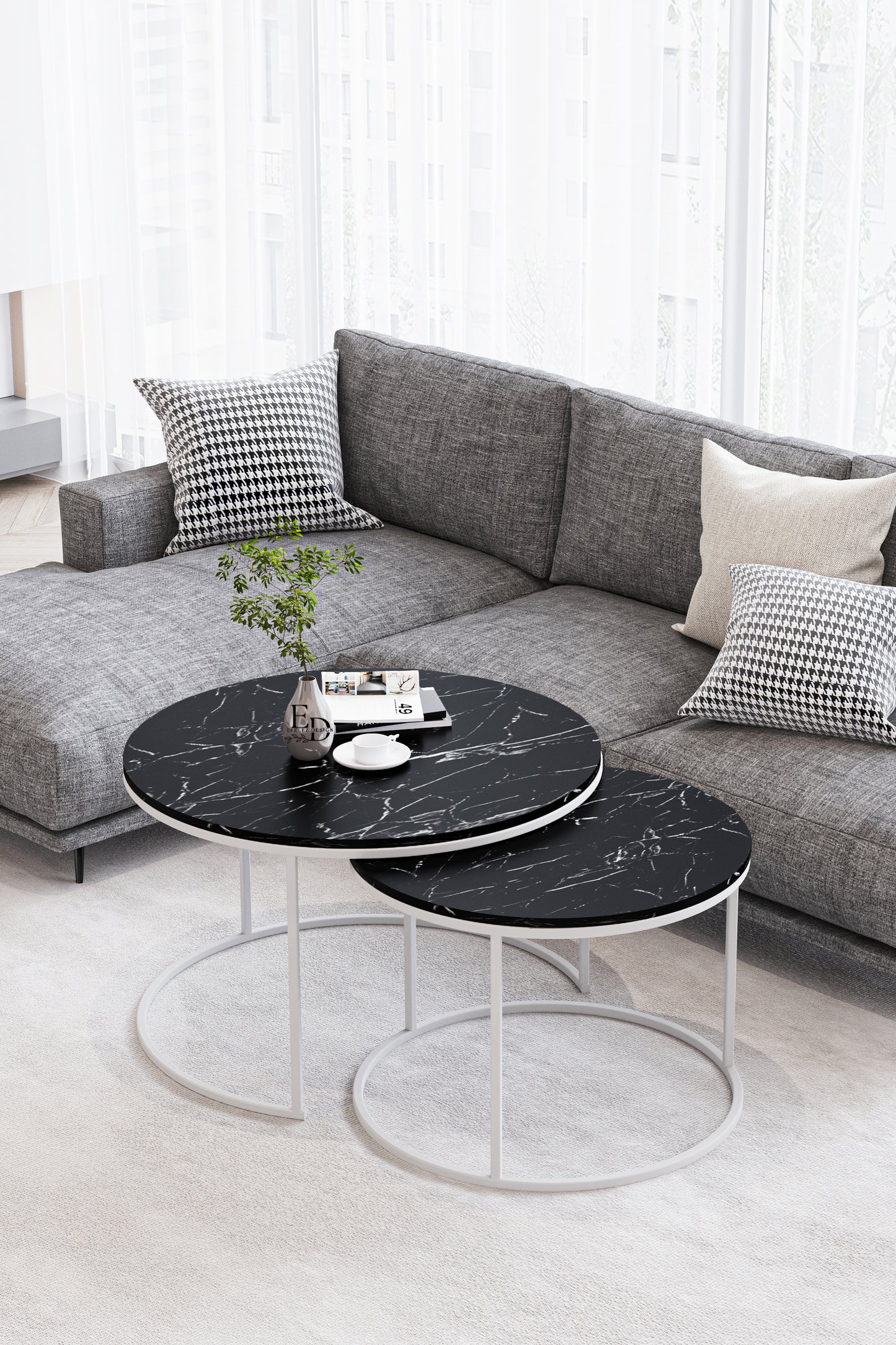 Table basse ronde Paris marbre noir – lot de 2 – structure blanche – 75 et 60 cm – design élégant et moderne