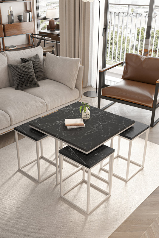 Table gigogne 5 pièces Lisbonne – Marbre noir et structure blanche