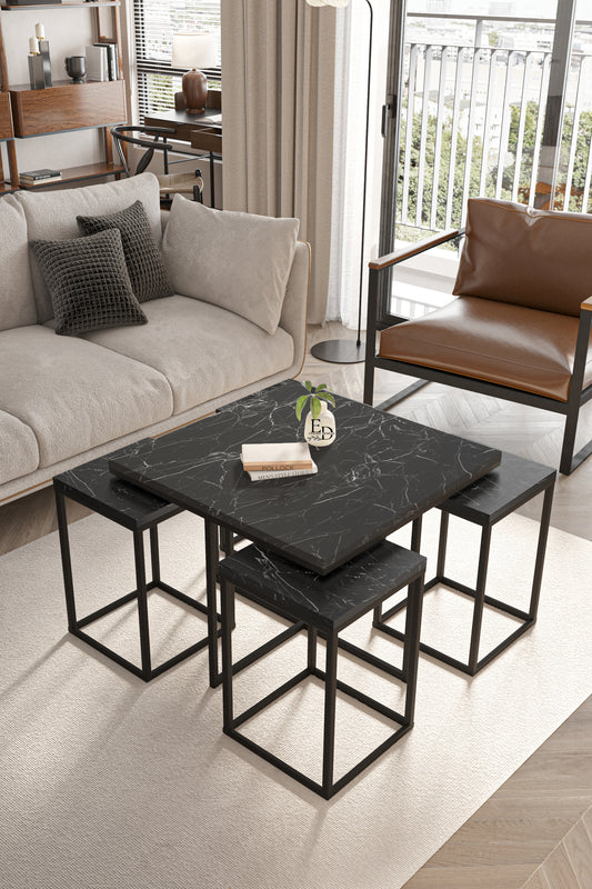 Table gigogne Lisbonne marbre noir et métal noir – Ensemble de 5 tables compactes