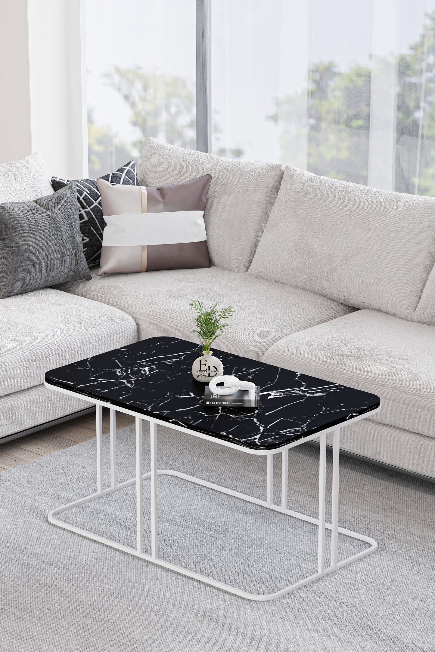 Table basse rectangulaire Lyon 100x60 cm – Marbre noir et structure blanche