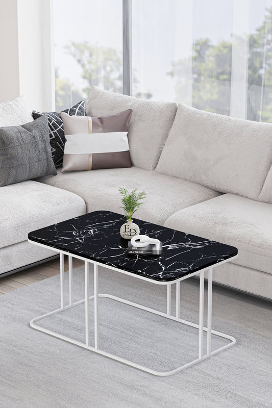 Table basse rectangulaire Lyon 100x60 cm – Marbre noir et structure blanche