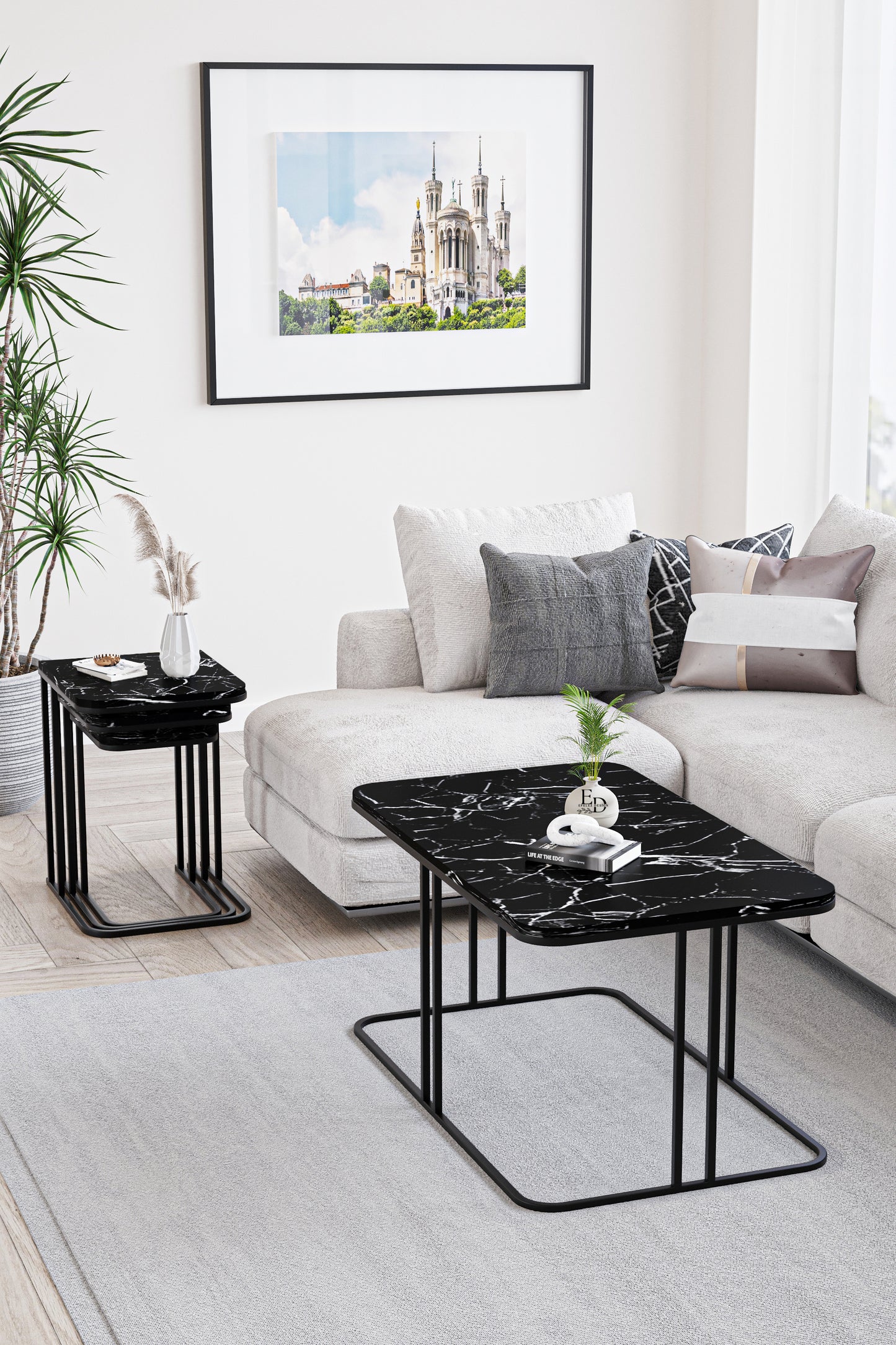 Table basse rectangulaire Lyon 100x60 cm – Marbre noir & structure noire – Design moderne