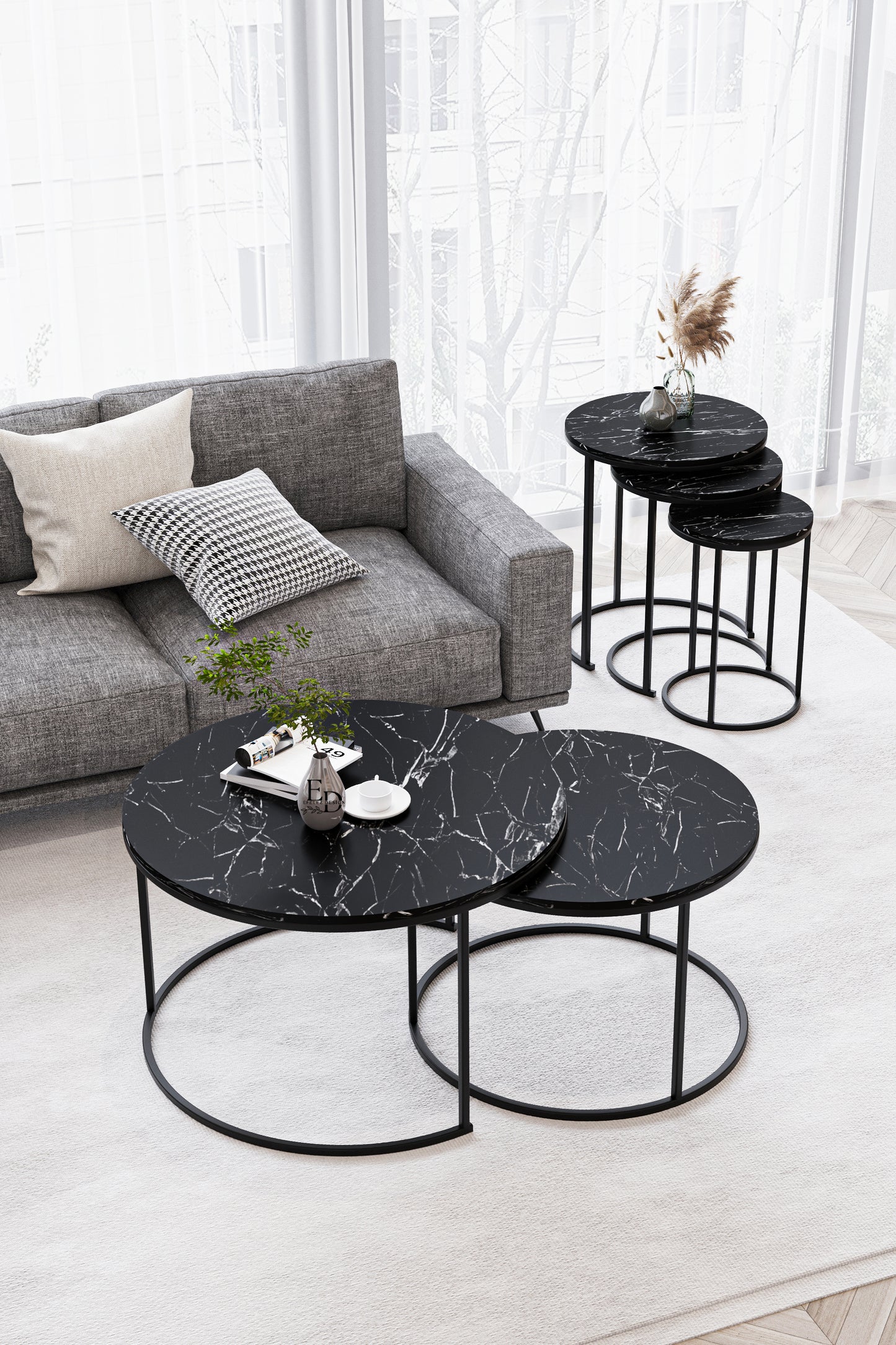 Table basse ronde Paris (lot de 2) – plateau bois clair – structure noire – design contemporain – 75 et 60 cm – métal et bois