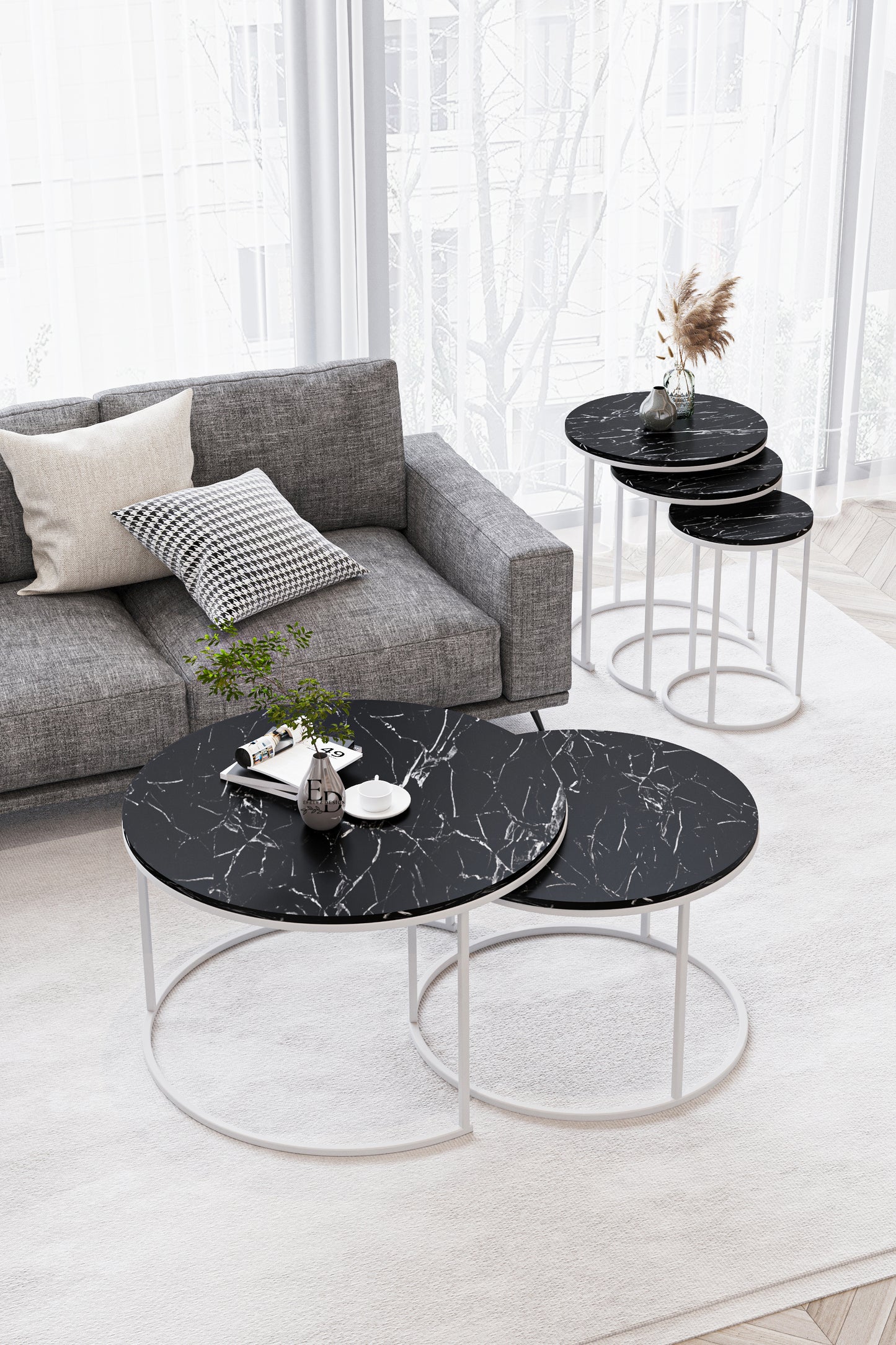 Table basse ronde Paris marbre noir – lot de 2 – structure blanche – 75 et 60 cm – design élégant et moderne