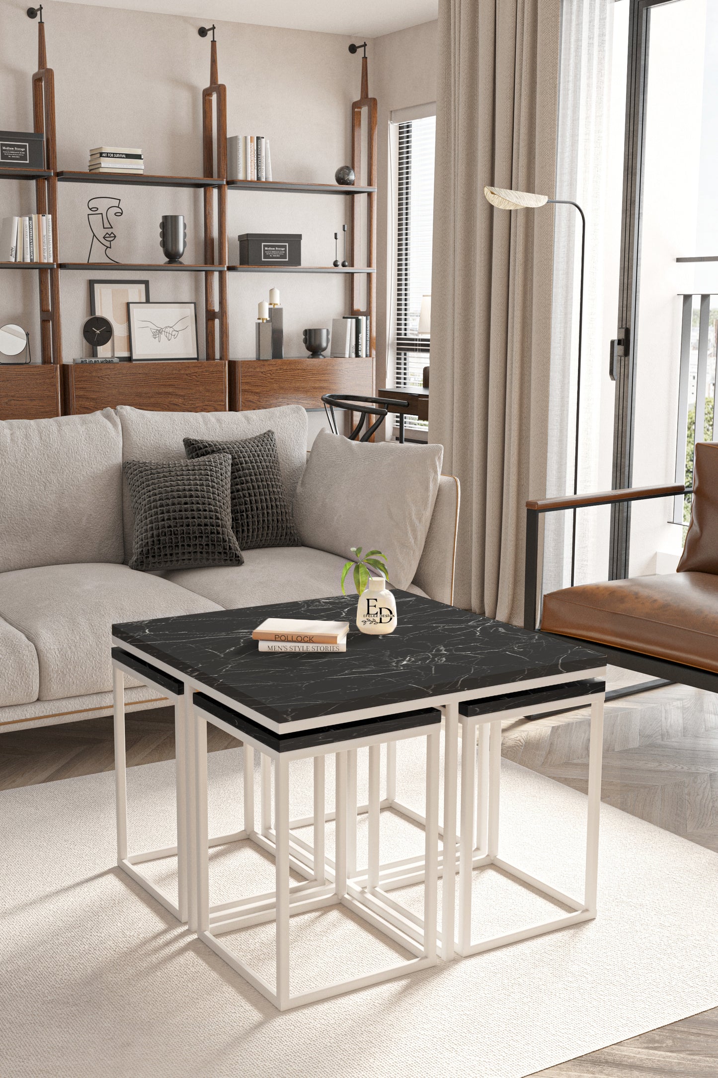 Table gigogne 5 pièces Lisbonne – Marbre noir et structure blanche